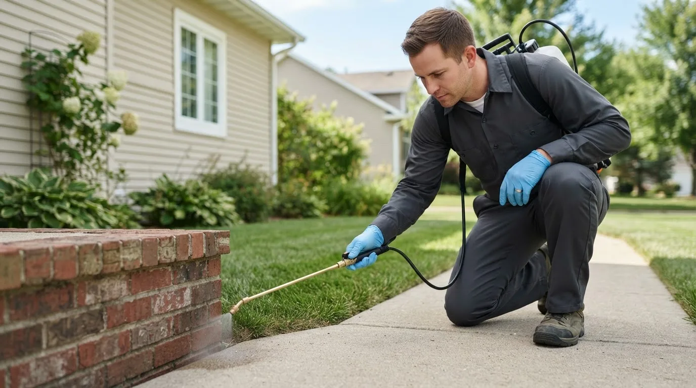 Pest control technician treating a home near Griffin, IN