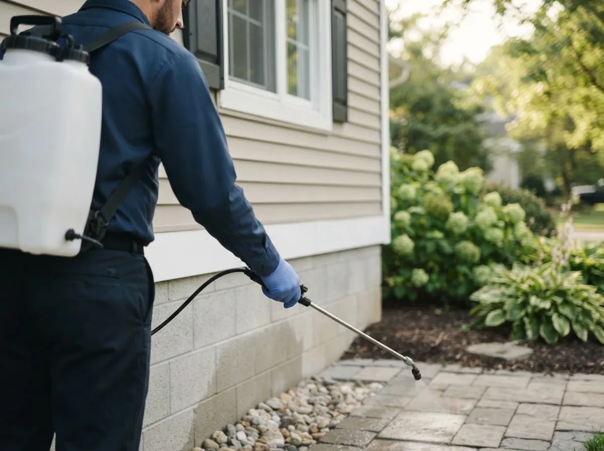 Pest control technician inspecting a home in Griffin, IN
